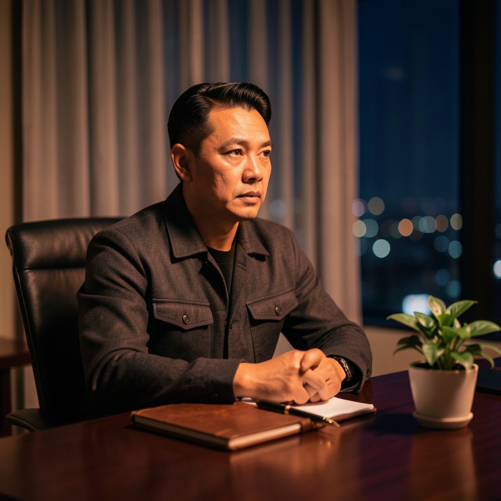Portrait of a man at a night-time hotel office desk under a copper lamp