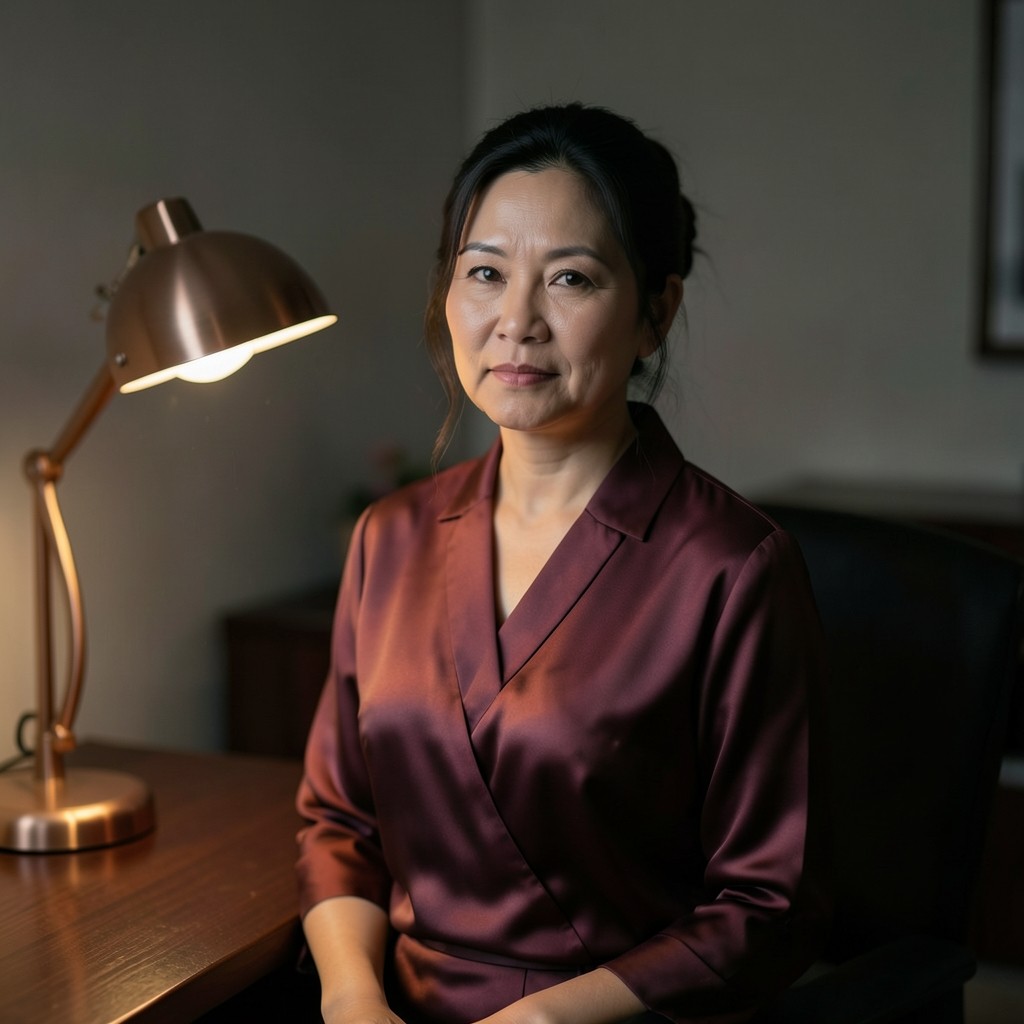 Portrait of a woman in a burgundy blouse beside a dark wood table in warm copper light