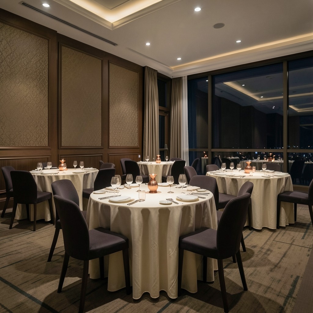 A hotel banquet room after dinner, ivory cloths and copper candle holders, chairs slightly pulled out