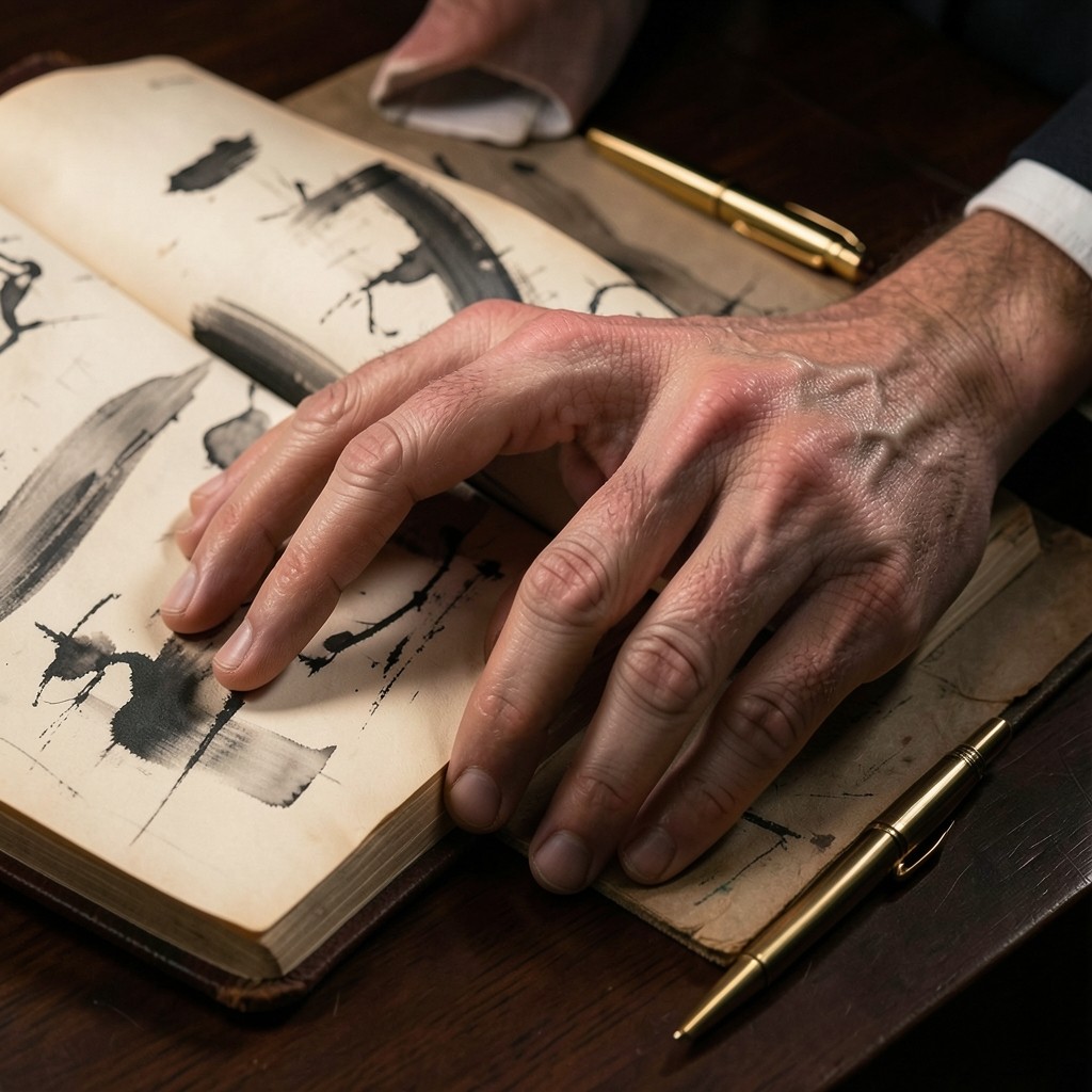 Hands resting beside an open night-audit ledger under a copper lamp, pages showing only abstract ink