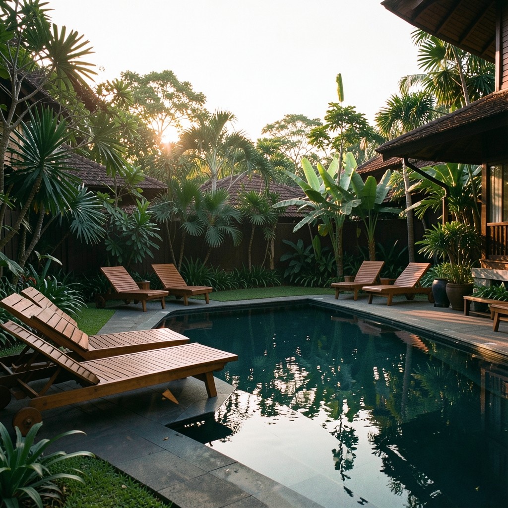 Empty teak loungers beside a quiet hotel pool in warm late-afternoon light