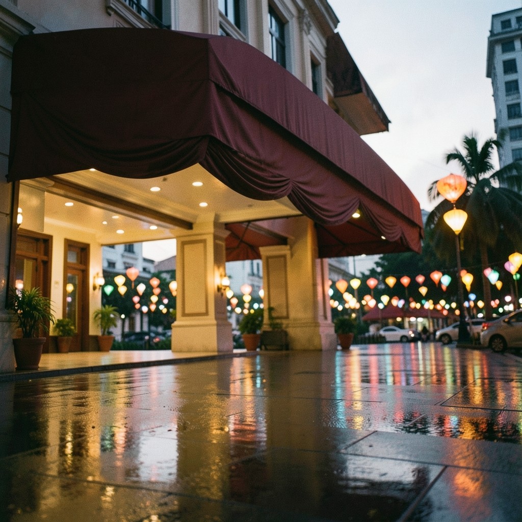 A Bangkok hotel entrance at night, wet pavement reflecting copper light and distant lanterns
