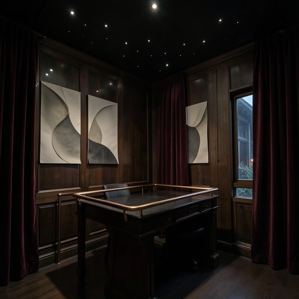 A quiet chart room with large abstract curves pinned on dark wood walls and velvet curtains