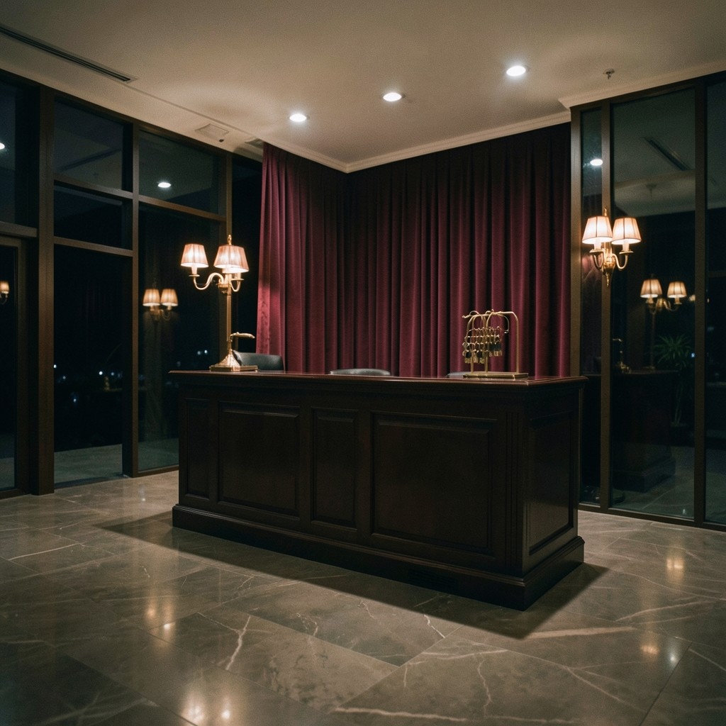 Night lobby of a Bangkok hotel, burgundy curtains and copper lamps around a dark wood desk