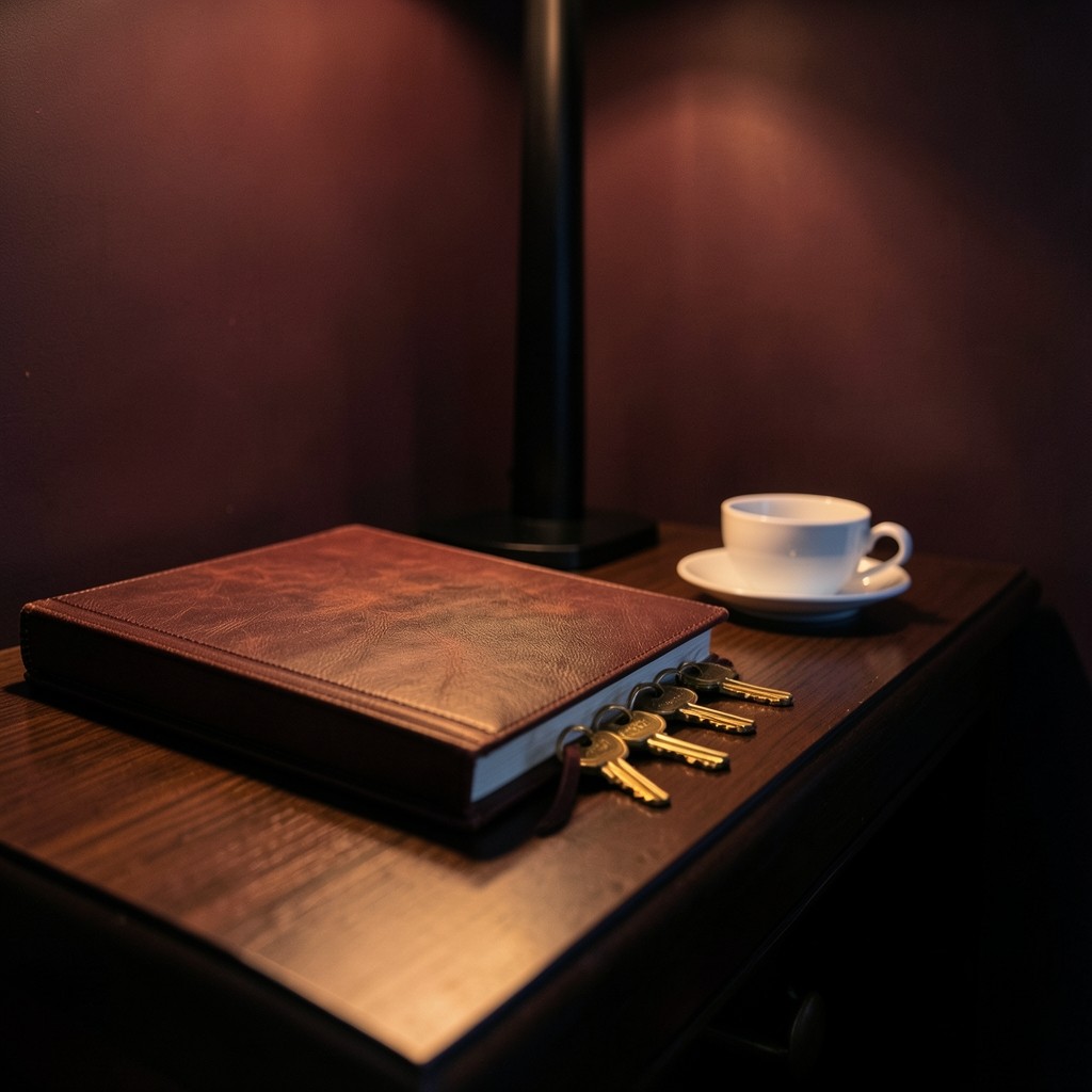 A hotel night-audit desk with a closed ledger and a row of brass room keys under warm copper light
