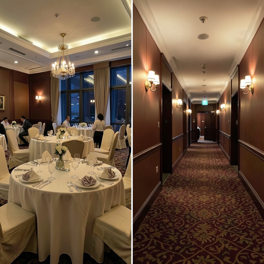 A hotel ballroom being set for a group, seen beside a quiet guest-room corridor