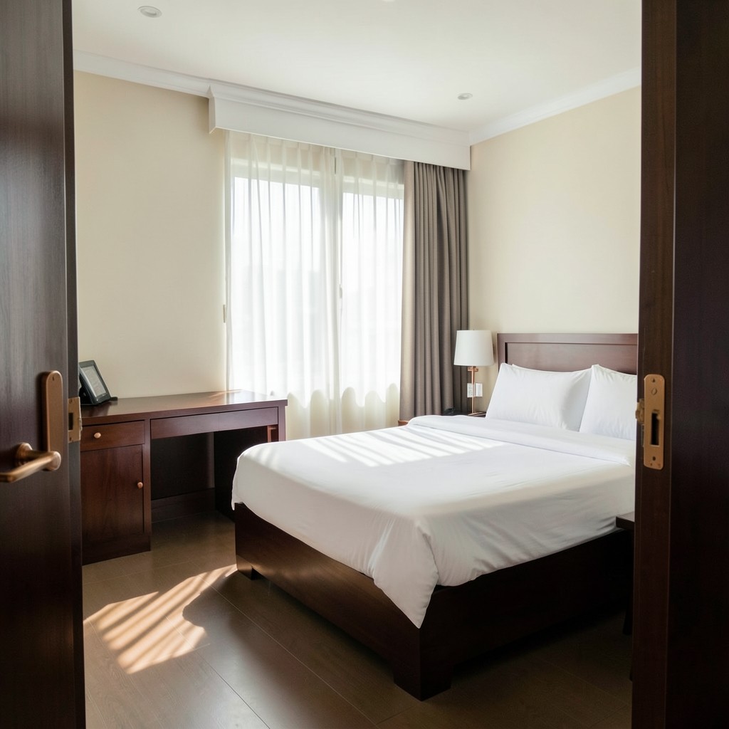 A freshly prepared hotel guest room with unused linen and morning light through sheer curtains