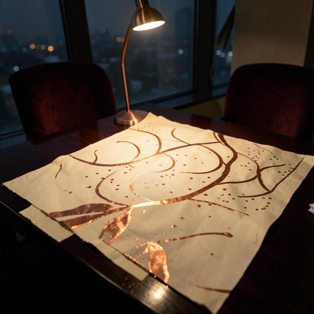 Abstract occupancy curves in copper ink on ivory paper, spread on a dark wood table under a copper lamp