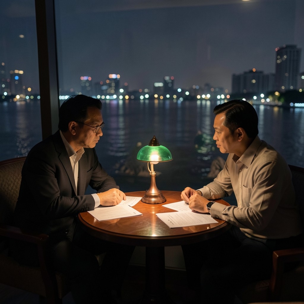 Two adults talking at a small table in a riverside hotel lounge at night